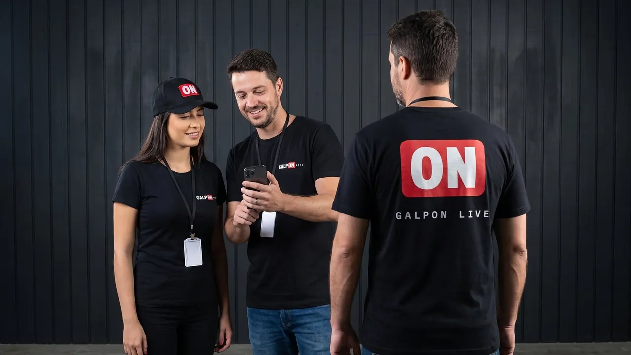 Imagem de projeto: equipe com o uniforme preto da GalpON Live, com a placa ON nas costas da camiseta