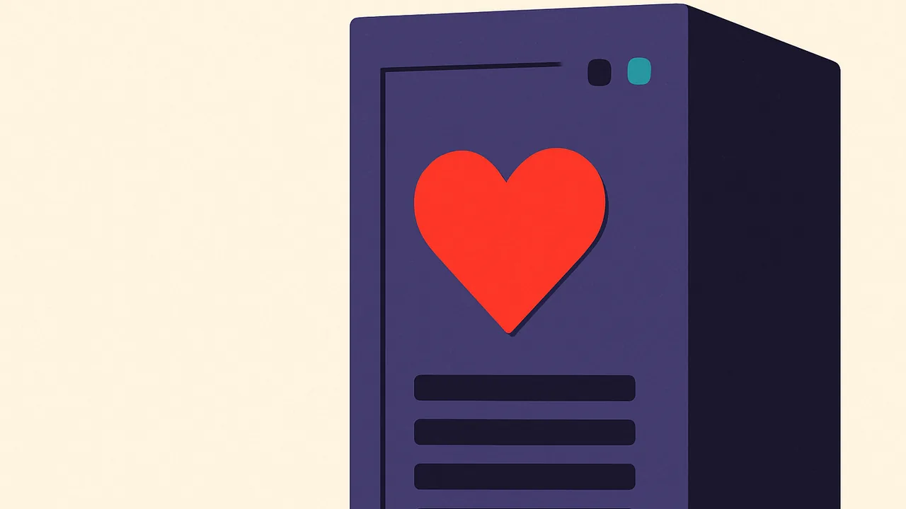 a bright red heart sticker placed on a blank steel server rack