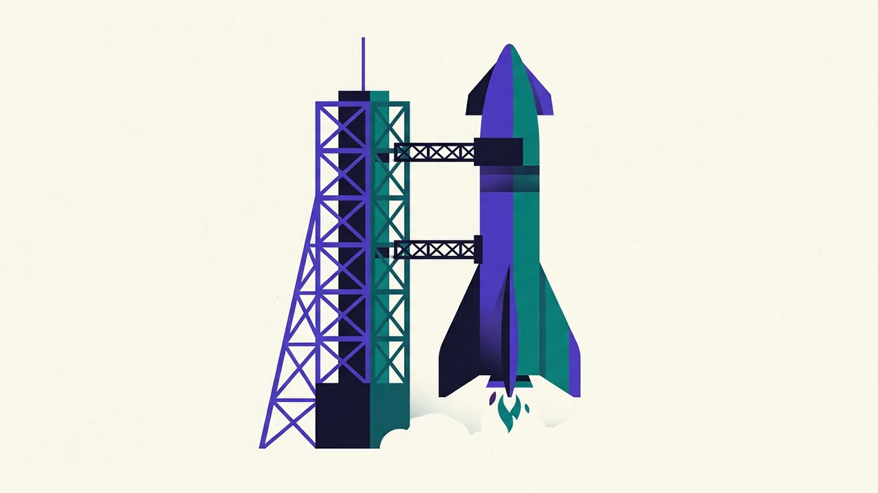 a rocket mid-launch still attached to its scaffolding tower, flames barely starting to appear at the base