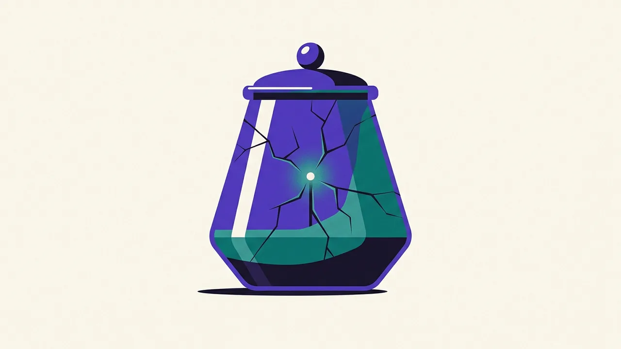 a glass terrarium with visible cracks spreading from inside, small glowing points pressing against the fractures