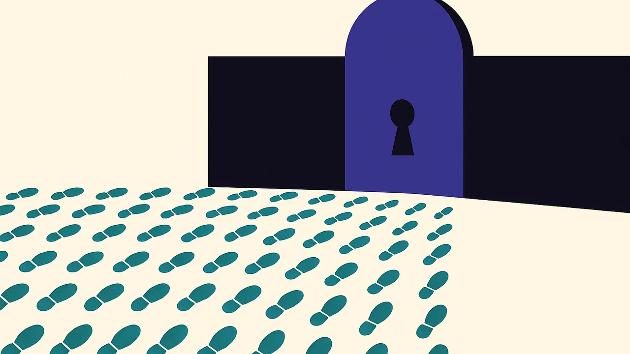 countless identical footprints marching toward a closed gate with a small keyhole