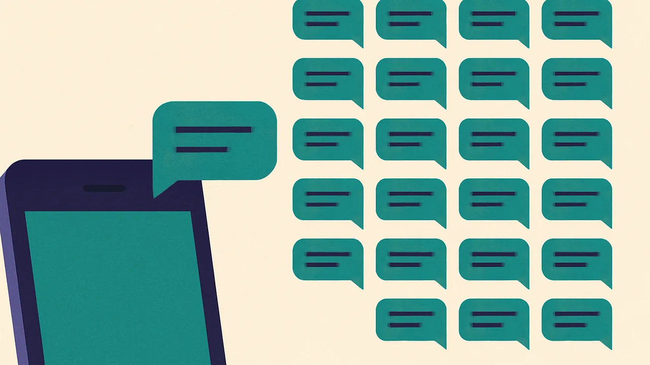 a single phone text bubble multiplying into many identical bubbles