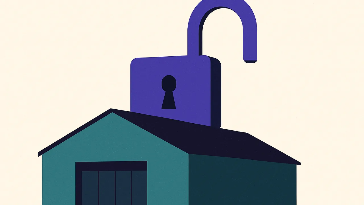 an open padlock resting on top of a large, unmarked warehouse