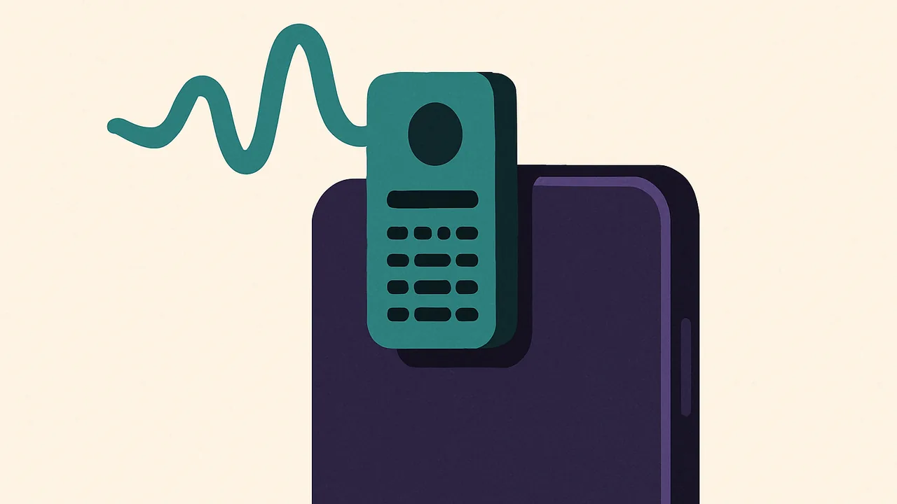 a credit-card-sized recorder clipped to a smartphone edge with a subtle sound wave rising from it