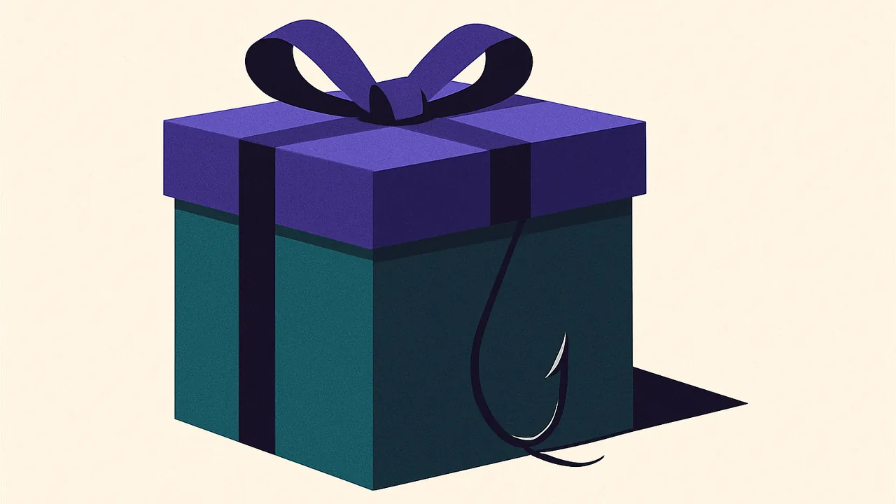a neatly wrapped gift box with a thin fishing hook subtly emerging from beneath the ribbon