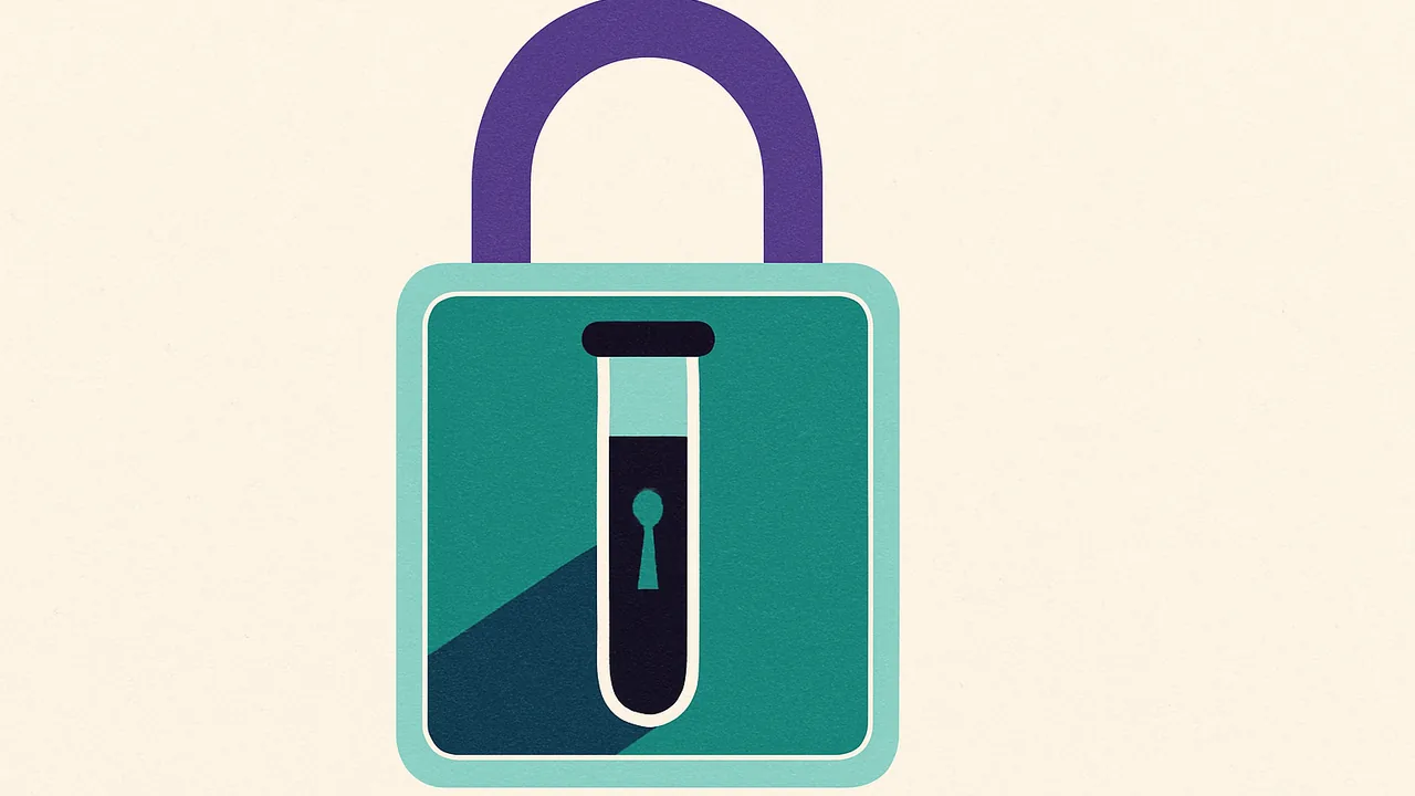 a sealed test tube inside a transparent digital padlock