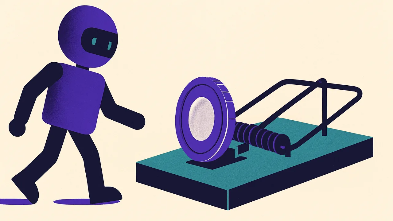 a small robot calmly walking into a clearly visible mousetrap baited with a shiny coin