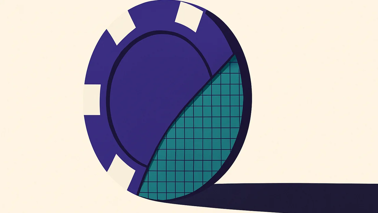 a massive casino chip carved from a silicon wafer balanced on its edge