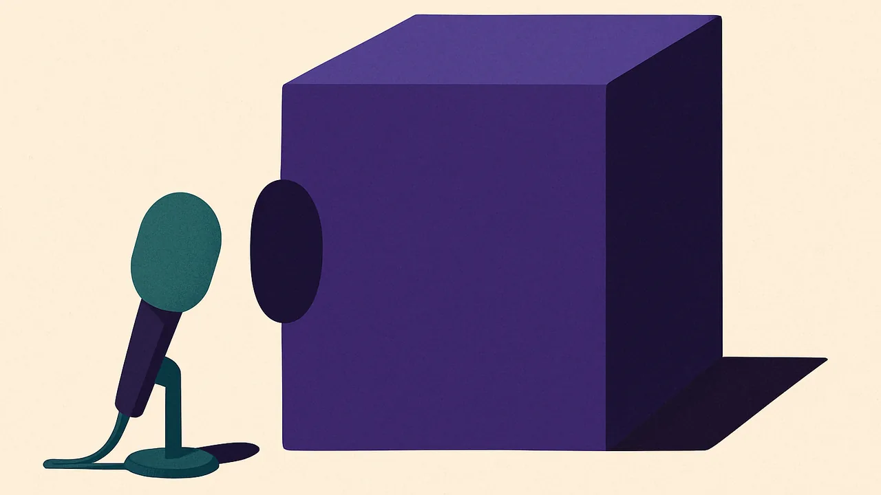 a small microphone being absorbed into a large, featureless cube