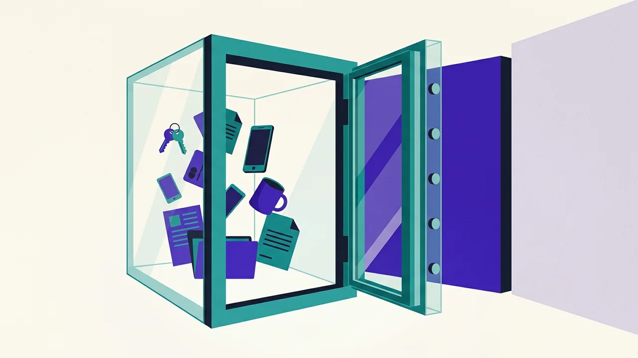 a transparent vault with everyday objects visible inside, the door wide open but a solid wall behind it blocking any passage through