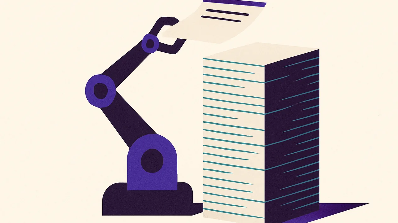 a towering stack of hospital invoices growing as a small robotic arm places another sheet on top