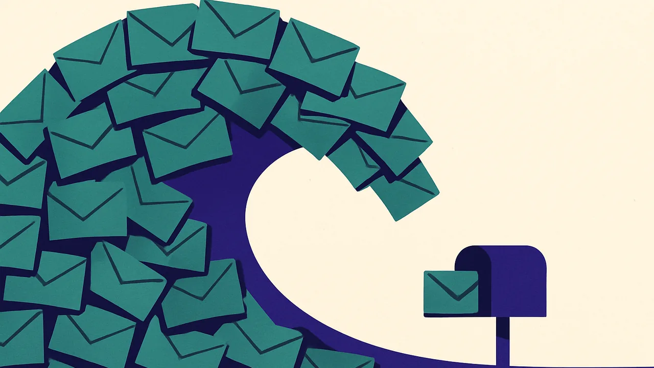 a tidal wave of identical paper messages burying a small mailbox