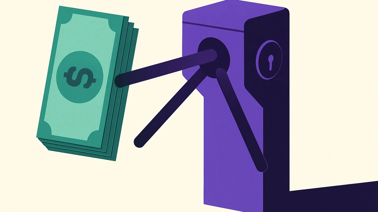 a stack of cash pressed against a locked turnstile that will not budge