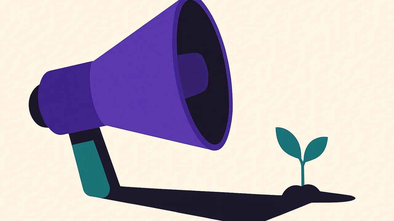 an oversized megaphone casting a long shadow over a small sprouting plant