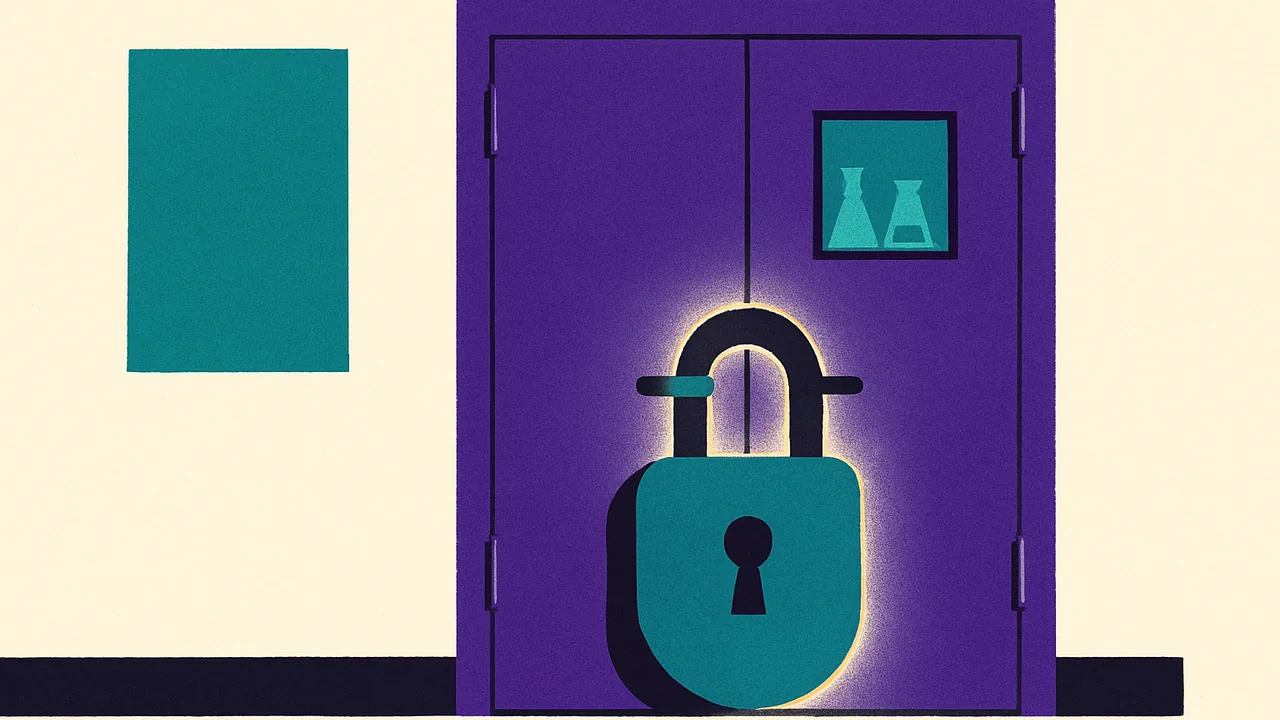 a sealed laboratory door with an oversized padlock, faint light leaking from the edges