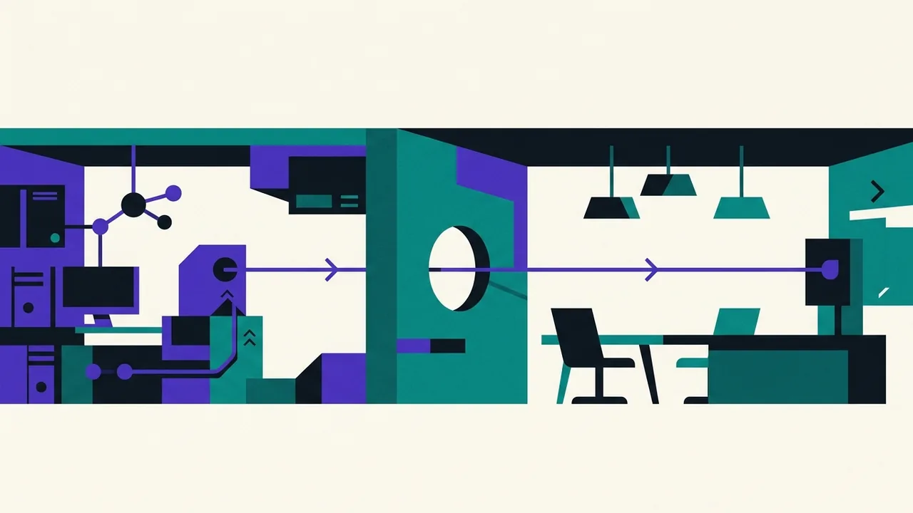a single thread connecting two separate rooms, information flowing seamlessly through the wall between them