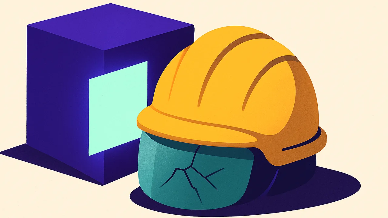 a sturdy safety helmet placed in front of a glowing cube, small cracks visible on the visor