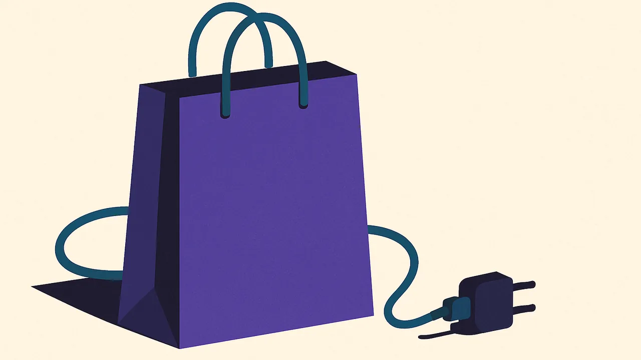 a sleek shopping bag with a disconnected power cord lying beside it