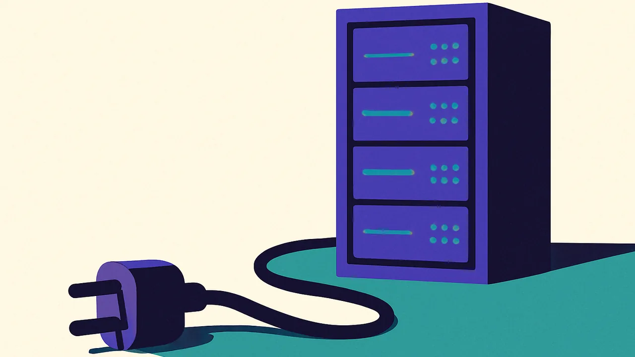 a thick power cable unplugged, lying on the floor next to a quiet server rack