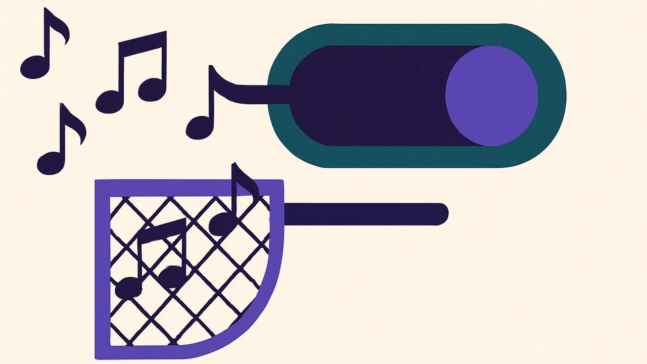a single toggle switch dividing a flow of musical notes, some passing through while others are caught in a fine mesh