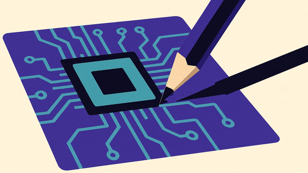 a pencil hovering over a detailed microchip blueprint, one line being drawn