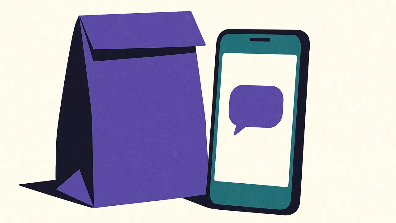 a plain paper takeout bag next to a smartphone showing a single empty speech bubble on its screen