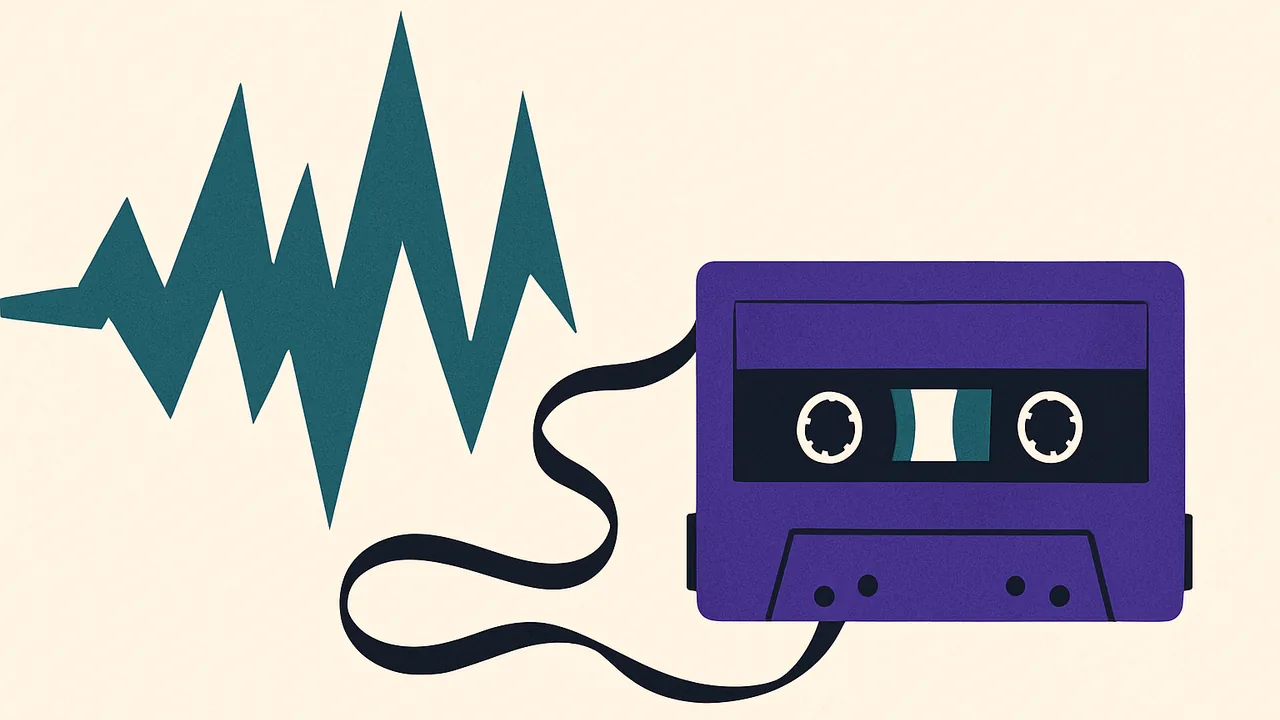 a cassette tape unspooling into jagged sound waves emerging from its ribbon