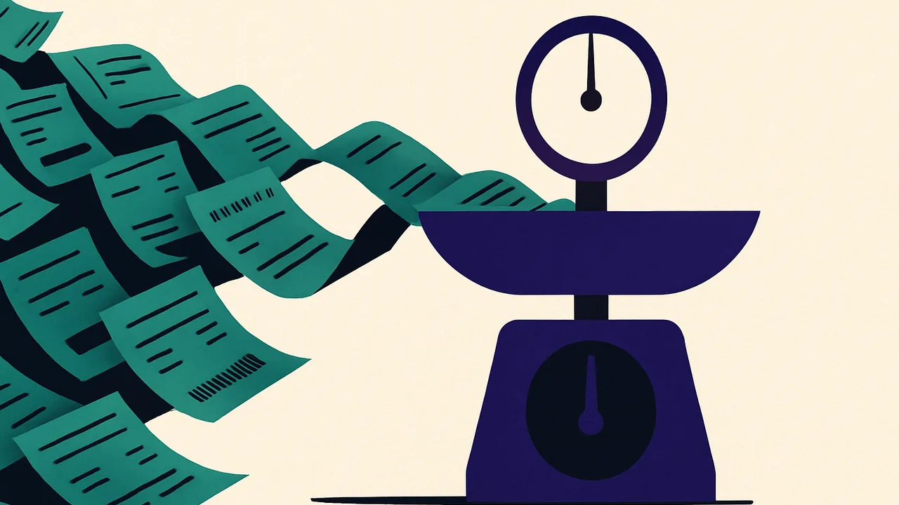 a river of paper receipts flowing into a single precise scale