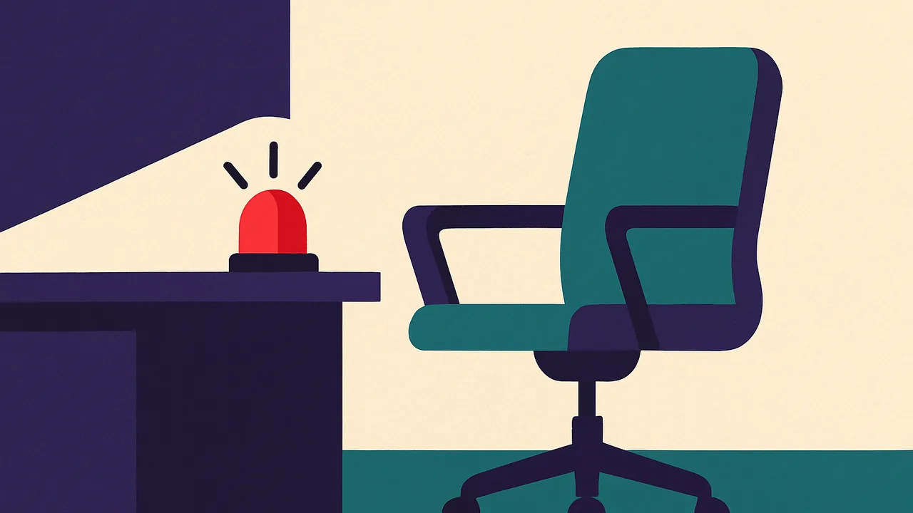 an empty office chair facing a desk with a single red alarm light flashing