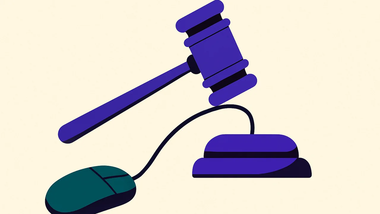 a courtroom gavel precariously balanced on a computer mouse cord