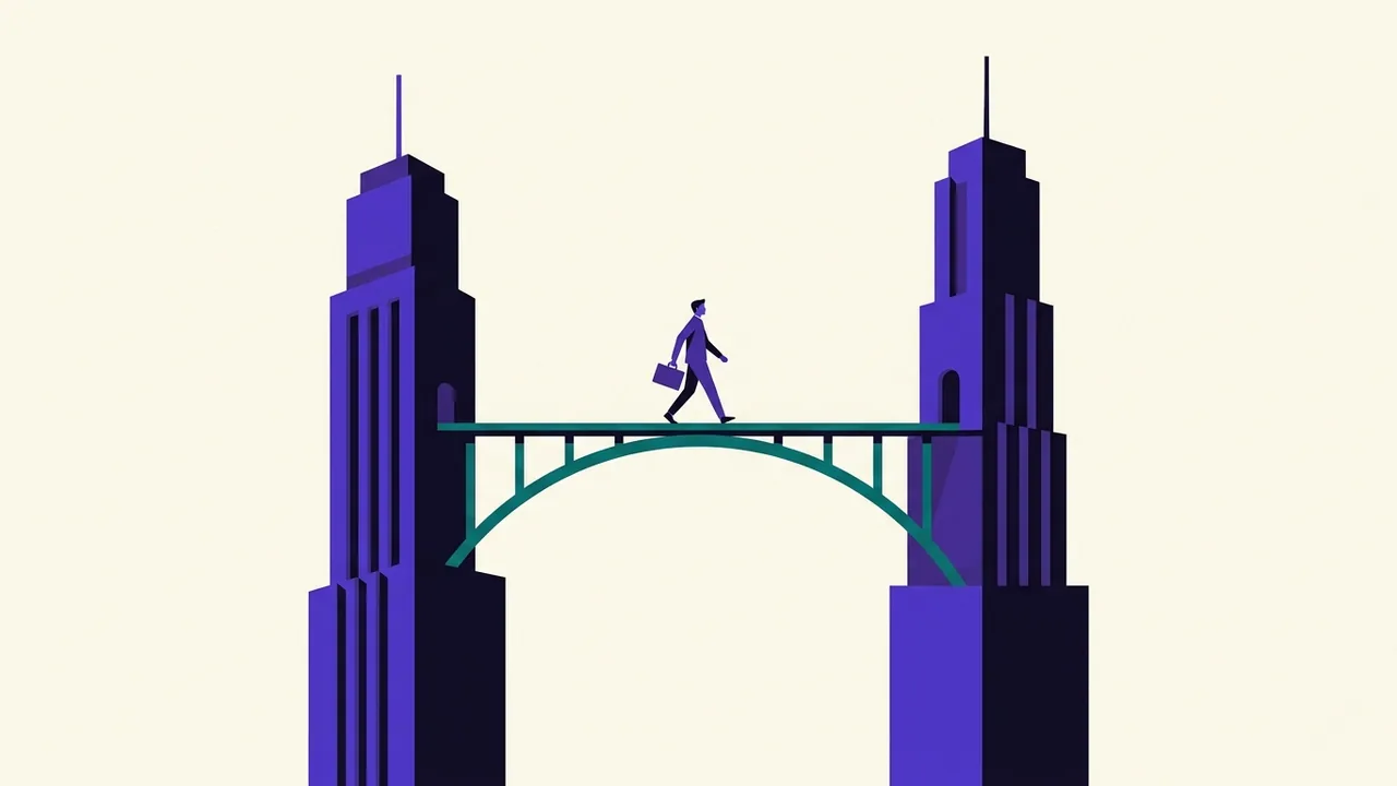 a bridge spanning between two towers, one person crossing mid-span with briefcase in hand