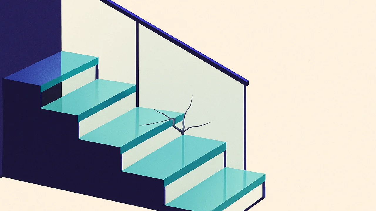 a pristine glass staircase with one step visibly cracked at the center