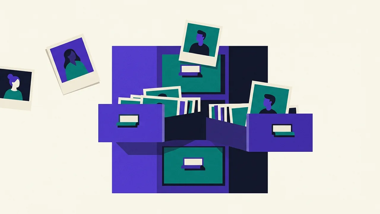 a filing cabinet with drawers sliding open and closed by themselves, photographs floating in and out in perfect order