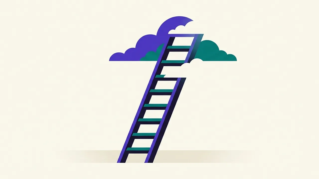 a ladder leaning against nothing, its top rungs dissolving into clouds while the bottom stays firmly planted