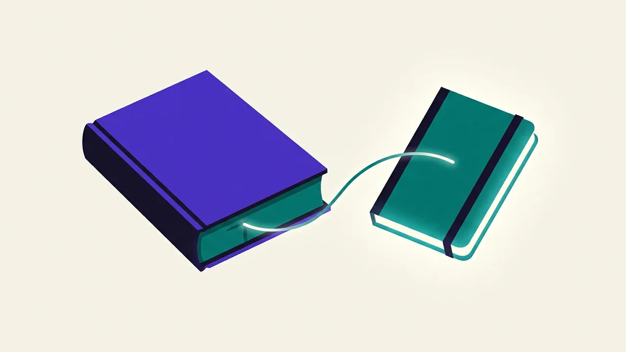 a closed book with a single bright thread emerging from its spine, connecting to a glowing notebook floating beside it
