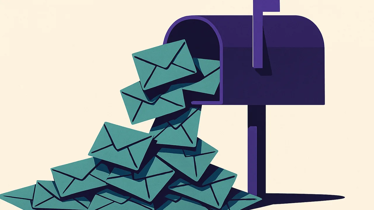 a mailbox overflowing with identical envelopes piling onto the floor