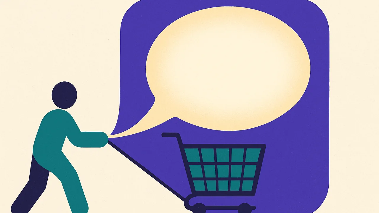 a shopping cart being pulled into a glowing speech bubble