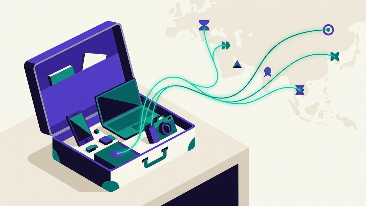 a suitcase half-open with a glowing thread connecting scattered items inside to destinations on a distant map