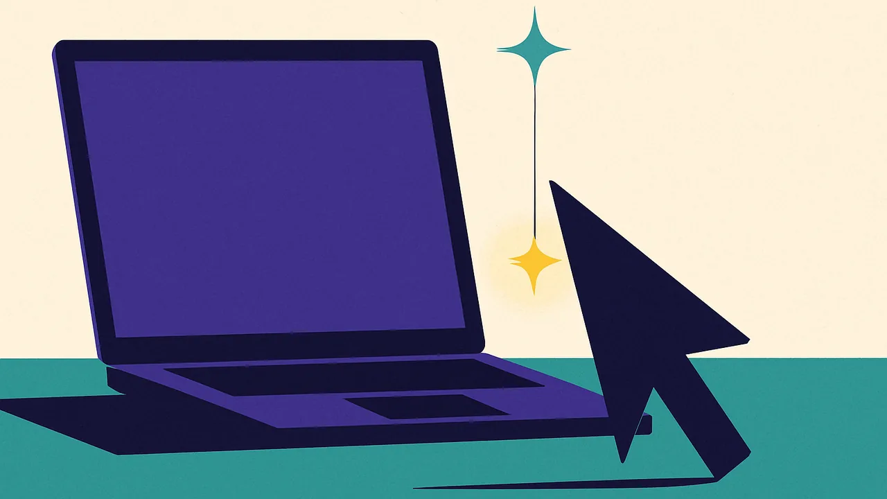 a laptop on a desk with a large cursor tethered by a thin thread to a small glowing star just above the keyboard