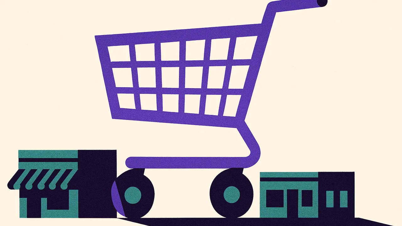 a giant shopping cart overshadowing a row of small storefronts