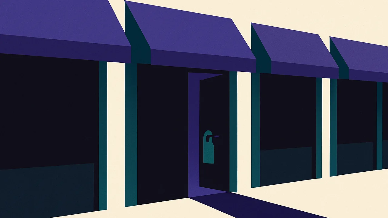 a single private door slightly open along a long row of identical closed storefronts