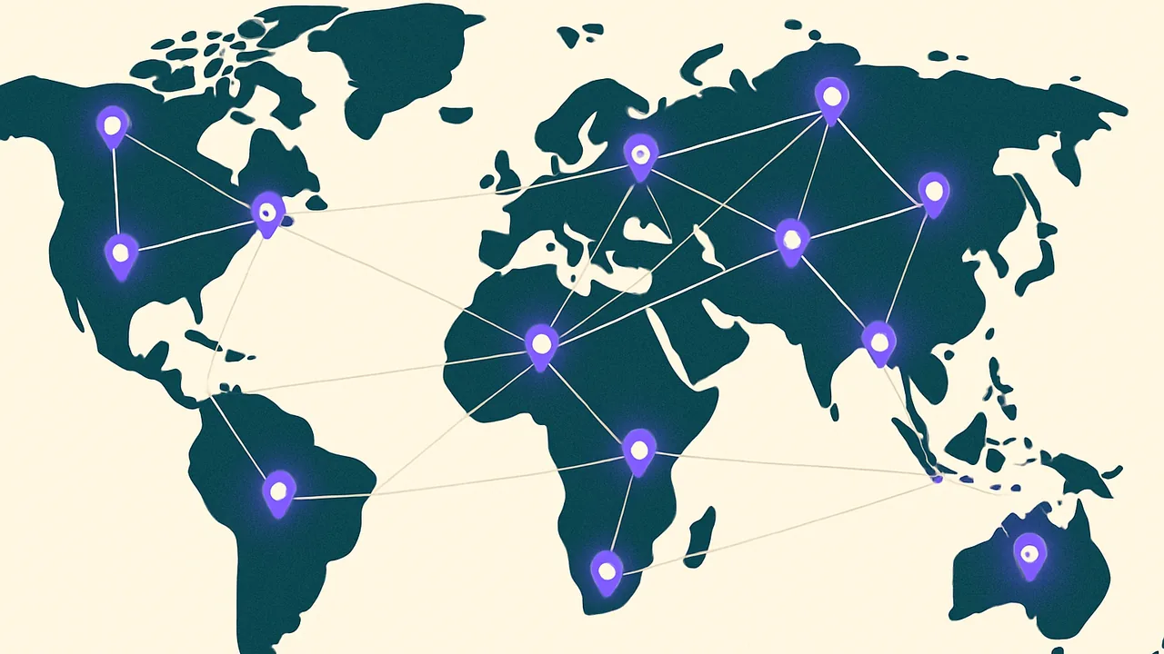 a world map dotted with many small glowing pins connected by thin lines