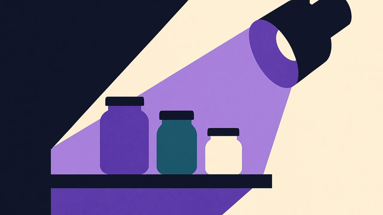 a spotlight illuminating a shelf of assorted jars while the room around remains in shadow