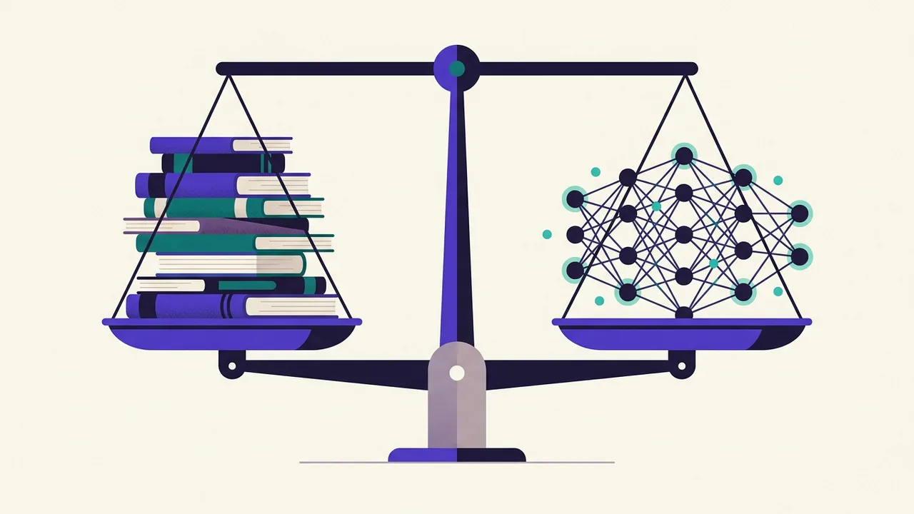 a massive scale perfectly balanced, with books stacked on one side and a glowing neural network pattern on the other