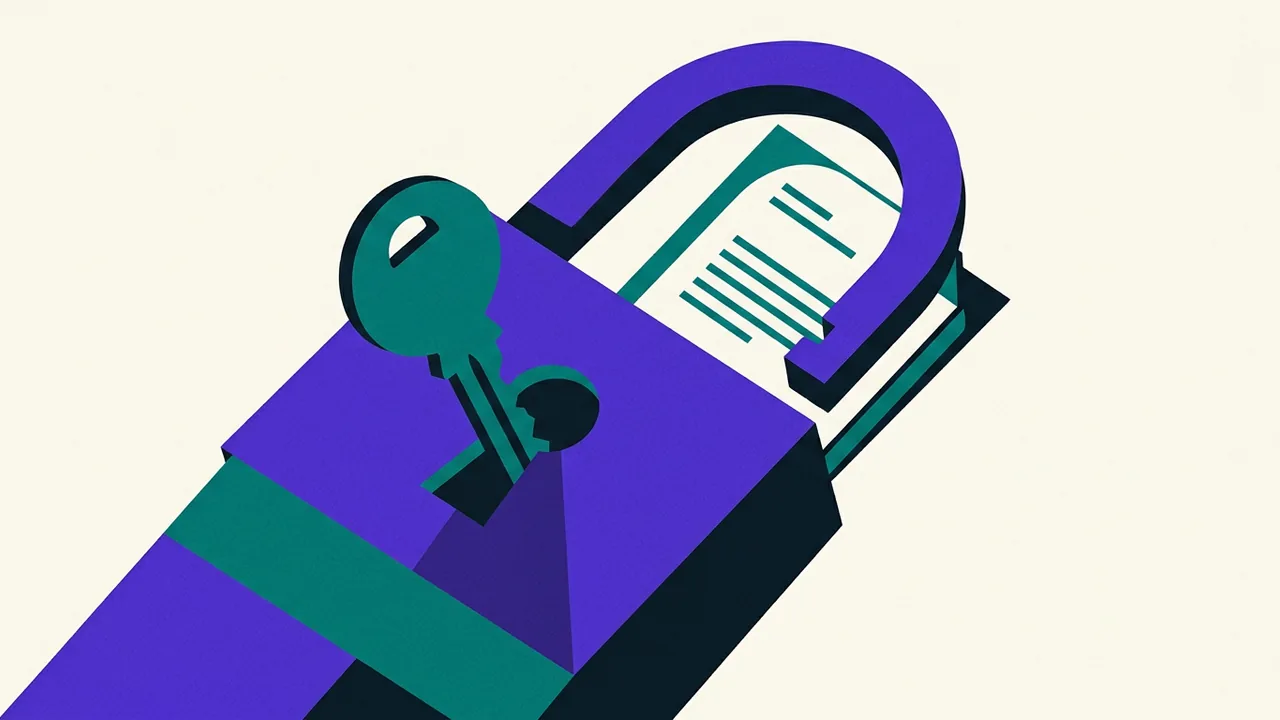 a padlock wide open with its key still inside, while an exact copy of sensitive documents slides through the gap
