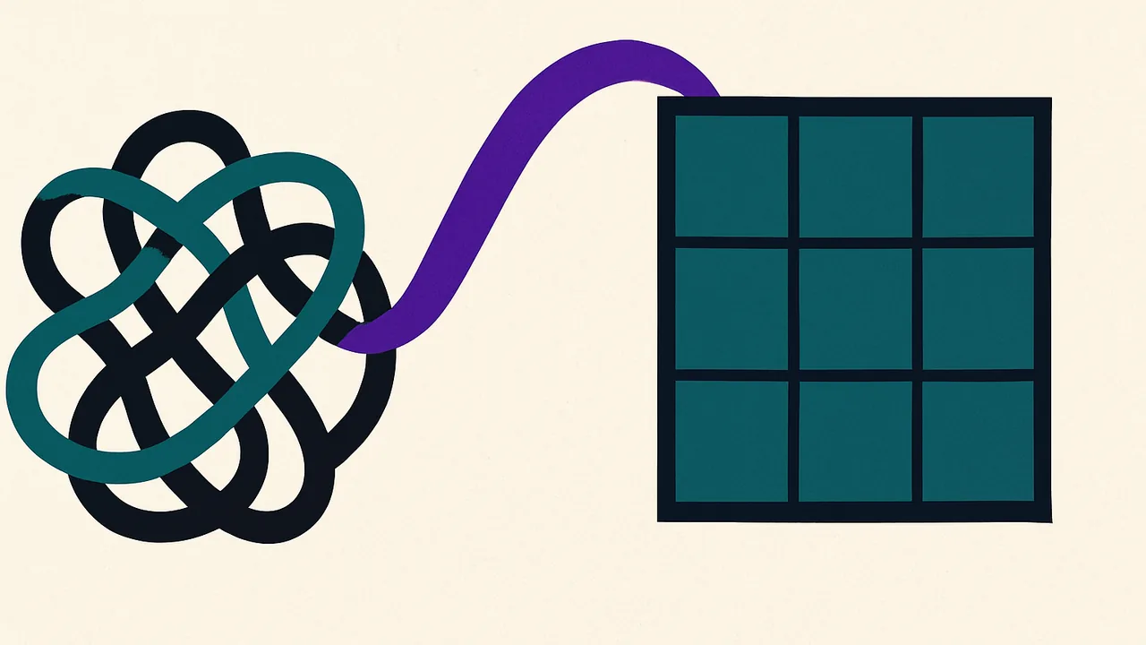 a tangled ribbon snapping into a perfect square grid with clean edges