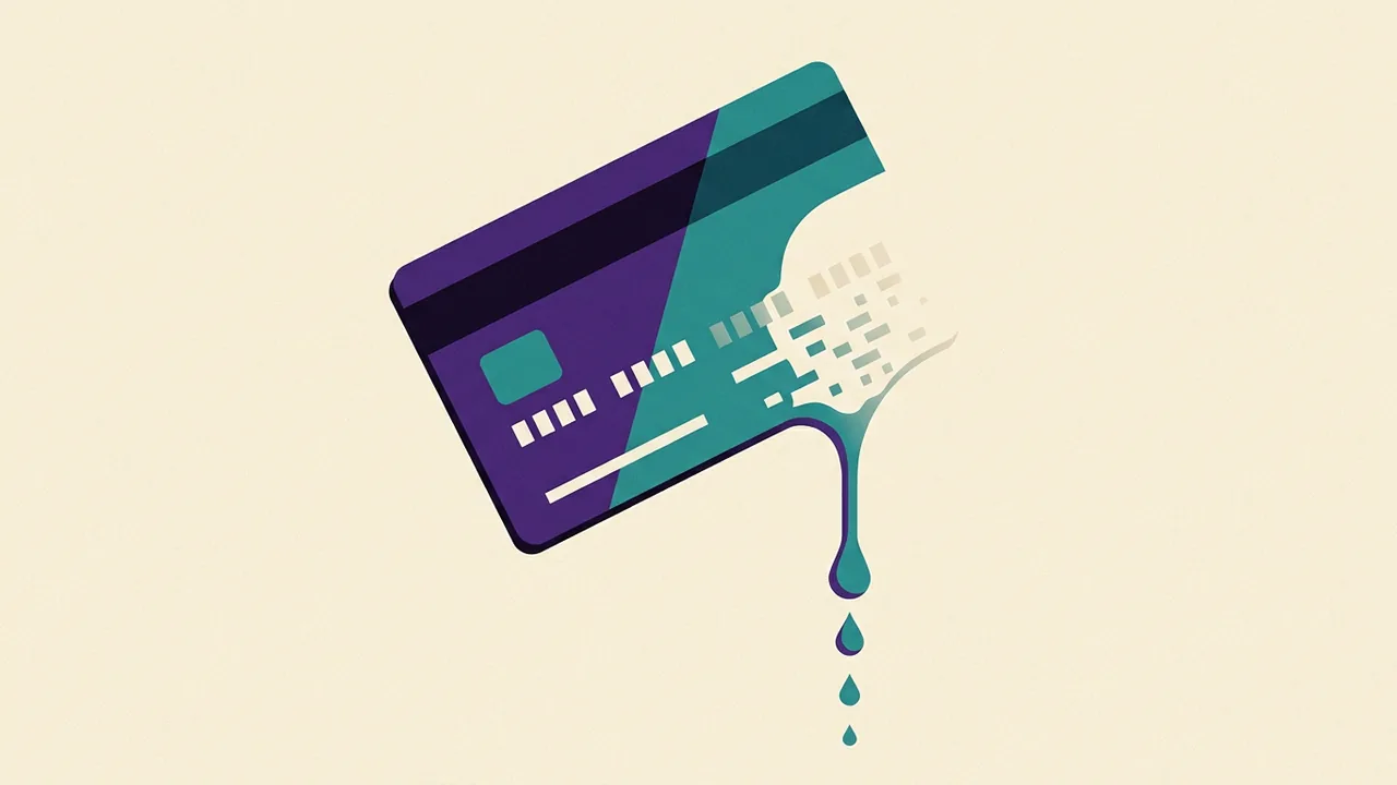 a credit card being drained drop by drop into an invisible funnel, the numbers on its face fading as the liquid disappears