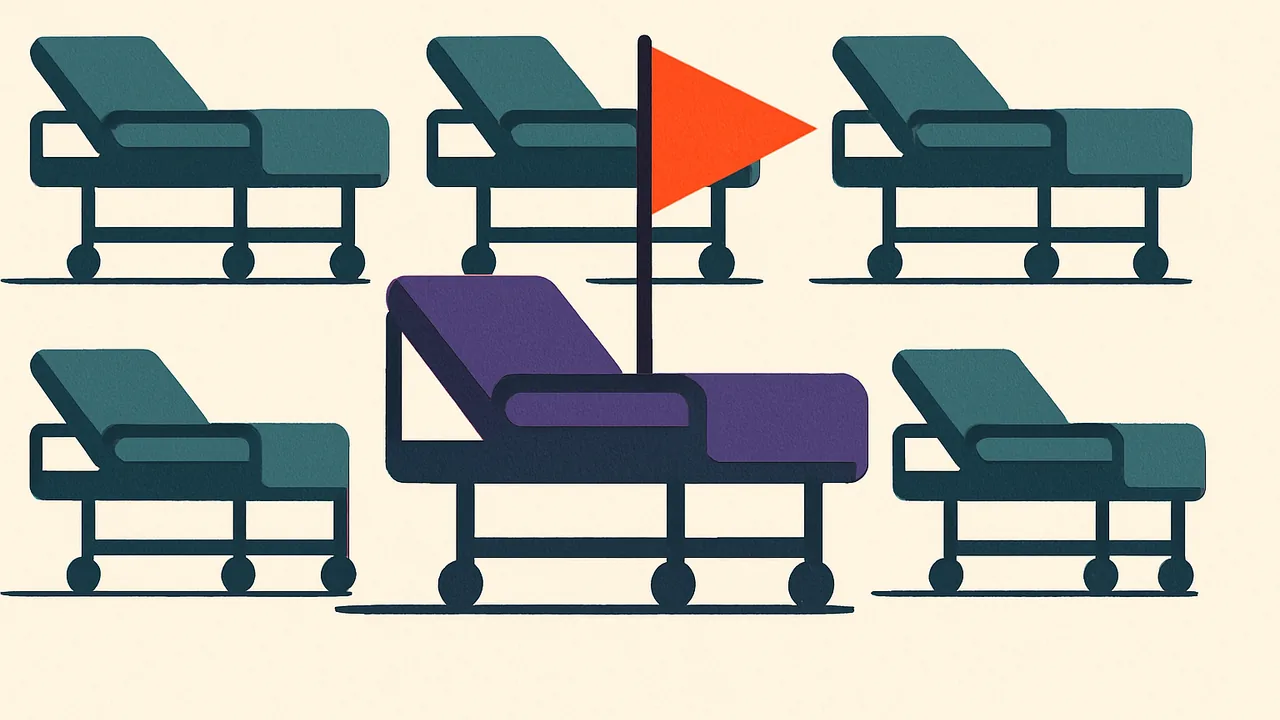 a single hospital bed among many with a bright warning flag above it