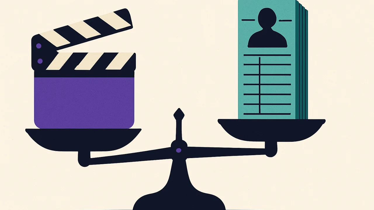 a film clapperboard on a weighing scale balanced against a stack of worker timecards