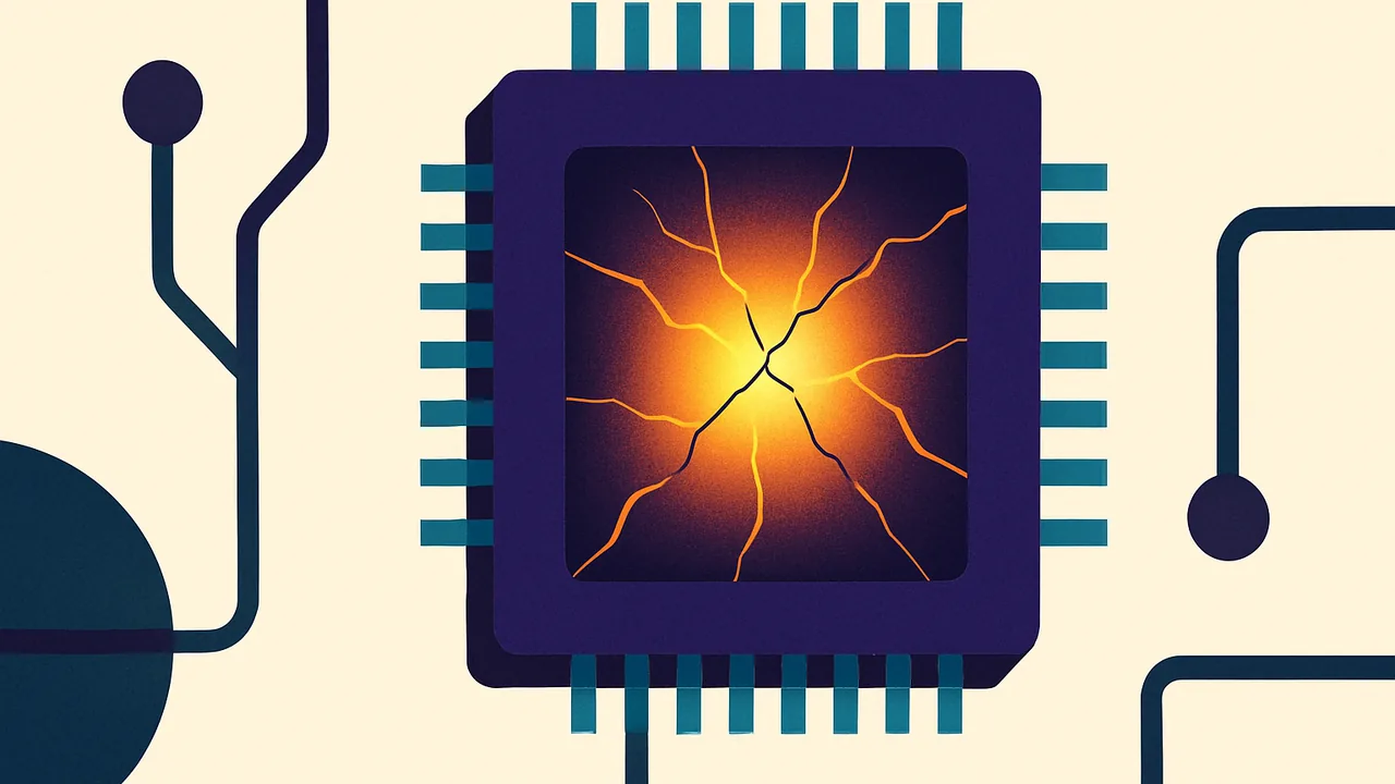 a giant computer chip with hairline cracks spreading from its hot glowing center